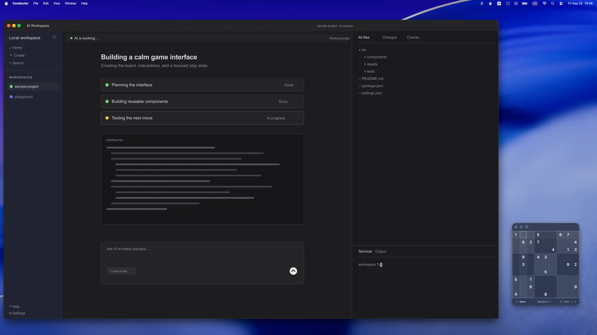 Bordi running beside a privacy-safe AI workspace on macOS